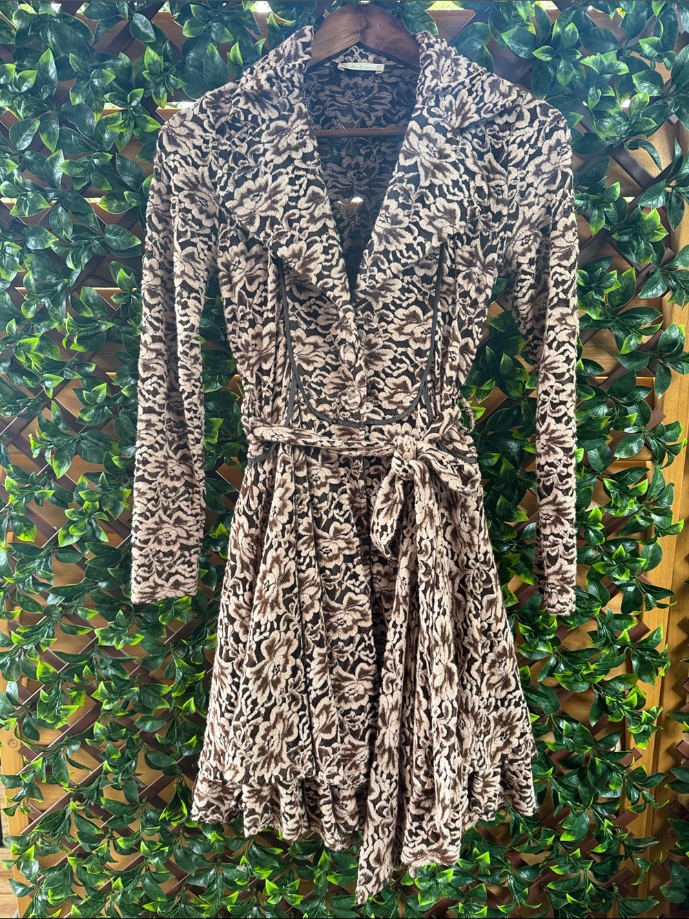 Altar'd State Brown & Cream Floral Lace & Chenille Texture Long Sleeve Dress